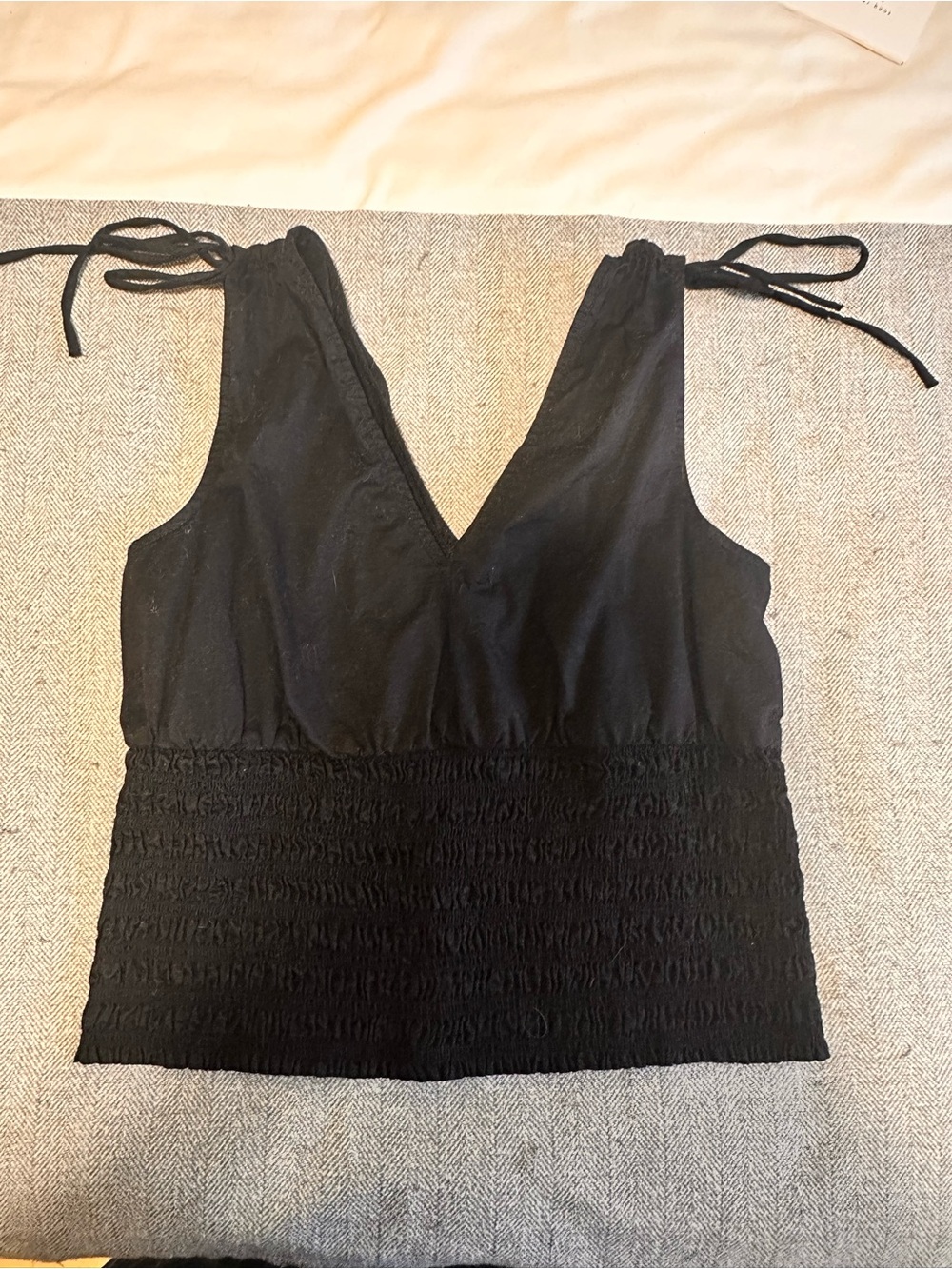 Old Navy Black Smocked V-Neck Tie-Shoulder Tank